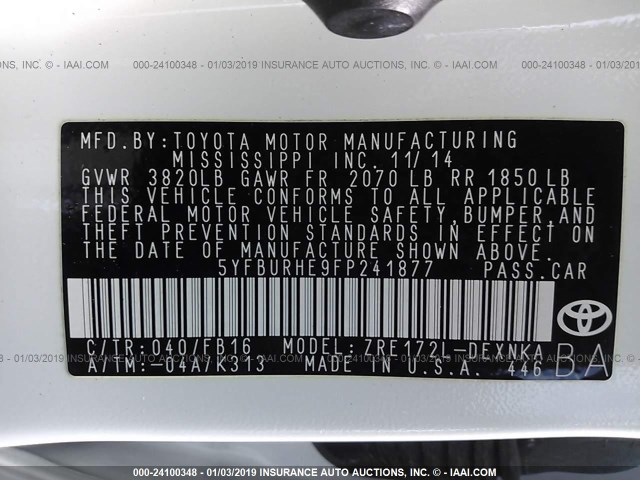 5YFBURHE9FP241877 - 2015 TOYOTA COROLLA L/LE/LE PLUS/PREMIUM/S/S PLUS/PREMIUM WHITE photo 9