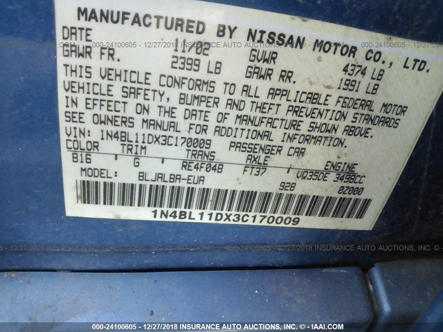 1N4BL11DX3C170009 - 2003 NISSAN ALTIMA SE BLUE photo 9