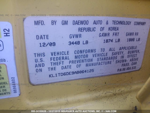 KL1TD6DE9AB064125 - 2010 CHEVROLET AVEO LS/LT 黄色 照片 9