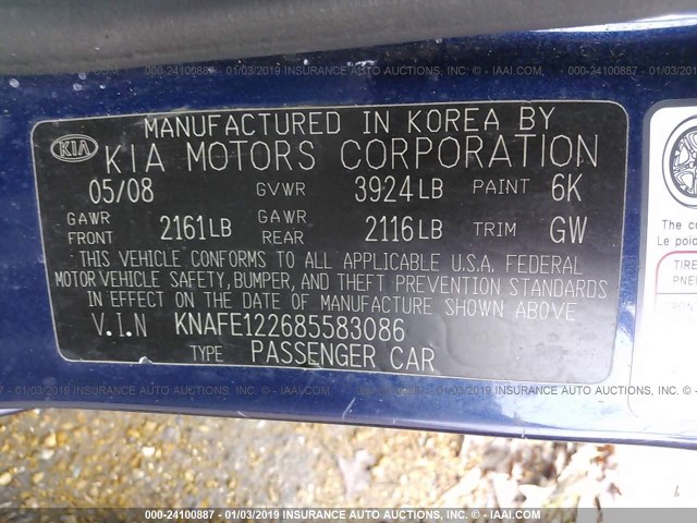 KNAFE122685583086 - 2008 KIA SPECTRA EX/LX/SX BLUE photo 9