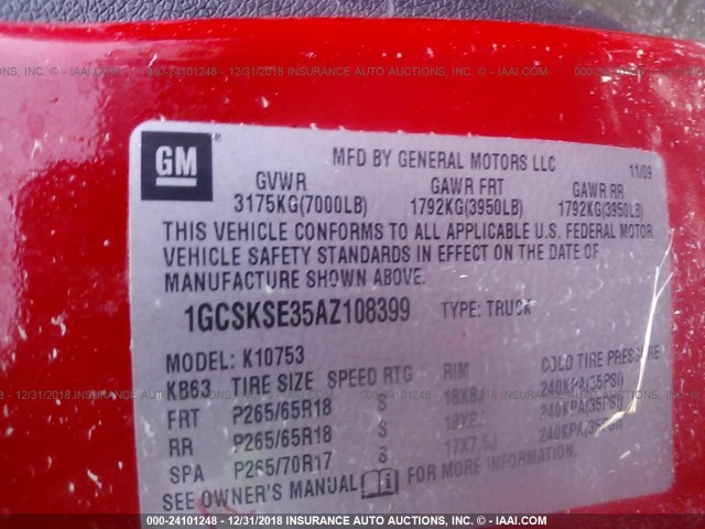 1GCSKSE35AZ108399 - 2010 CHEVROLET SILVERADO K1500 LT RED photo 9