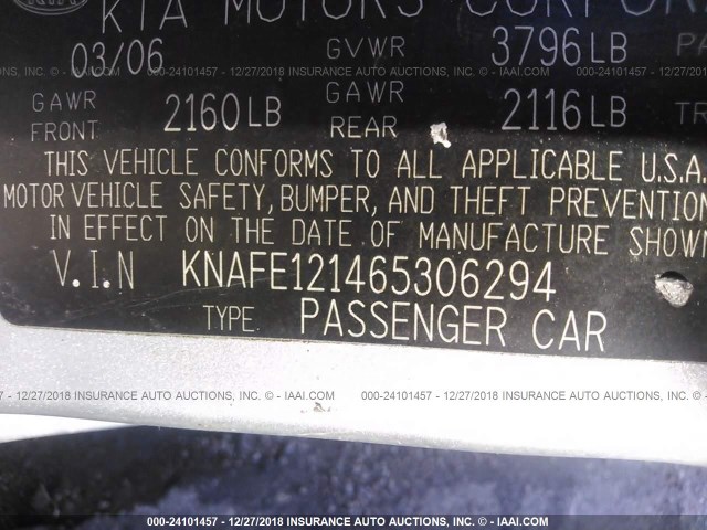 KNAFE121465306294 - 2006 KIA NEW SPECTRA LX/EX GRAY photo 9