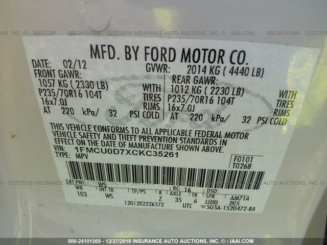 1FMCU0D7XCKC35261 - 2012 FORD ESCAPE XLT WHITE photo 9