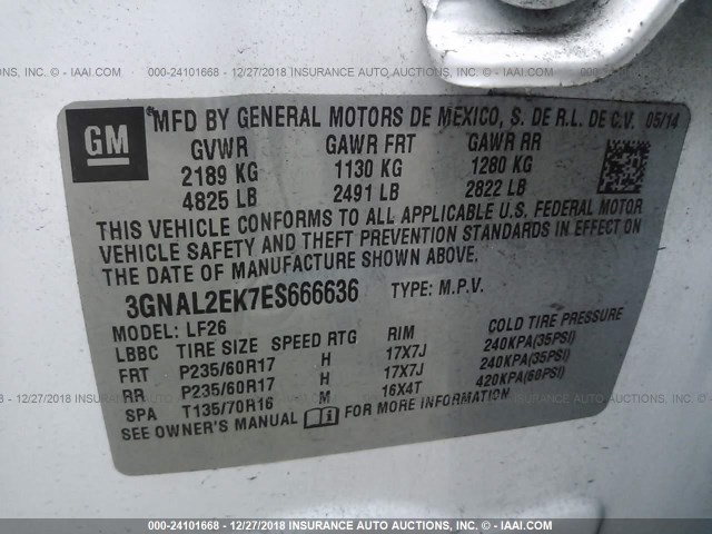 3GNAL2EK7ES666636 - 2014 CHEVROLET CAPTIVA LS 白色 照片 9