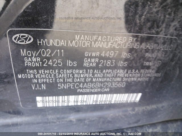 5NPEC4AB6BH293560 - 2011 HYUNDAI SONATA SE/LIMITED BLACK photo 9