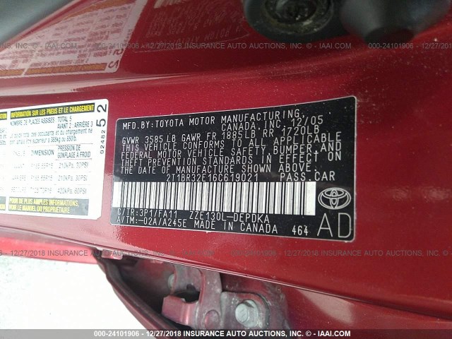 2T1BR32E16C619021 - 2006 TOYOTA COROLLA CE/LE/S RED photo 9