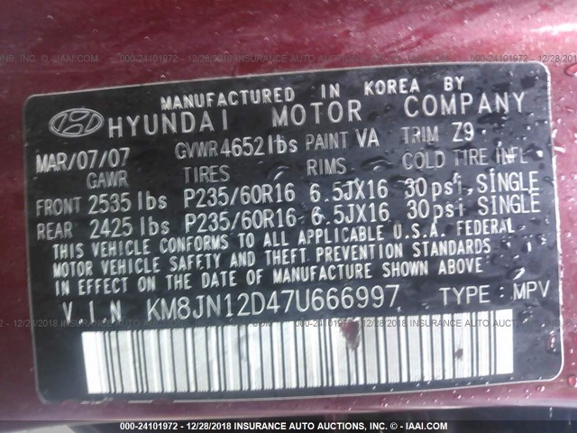 KM8JN12D47U666997 - 2007 HYUNDAI TUCSON SE/LIMITED RED photo 9