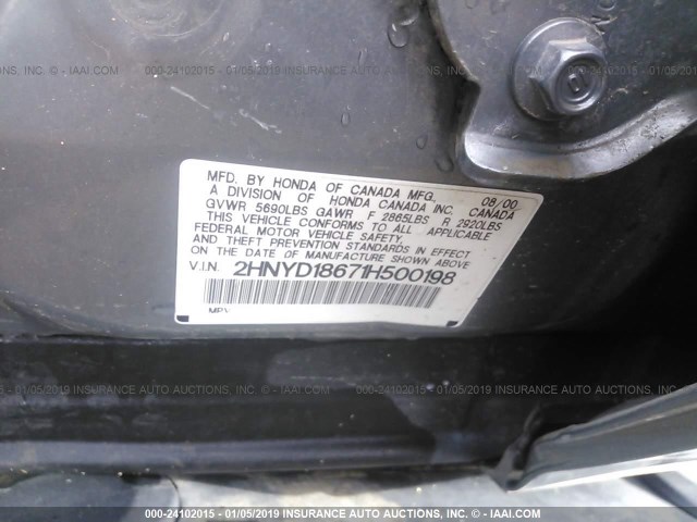 2HNYD18671H500198 - 2001 ACURA MDX TOURING GRAY photo 9