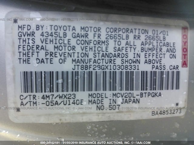 JT8BF28GX10308331 - 2001 LEXUS ES 300 SILVER photo 9