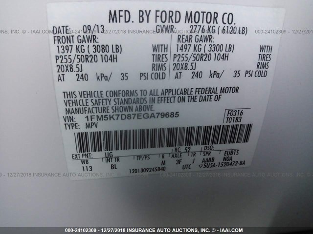 1FM5K7D87EGA79685 - 2014 FORD EXPLORER XLT WHITE photo 9