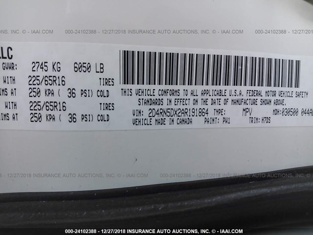 2D4RN5DX2AR191864 - 2010 DODGE GRAND CARAVAN SXT WHITE photo 9