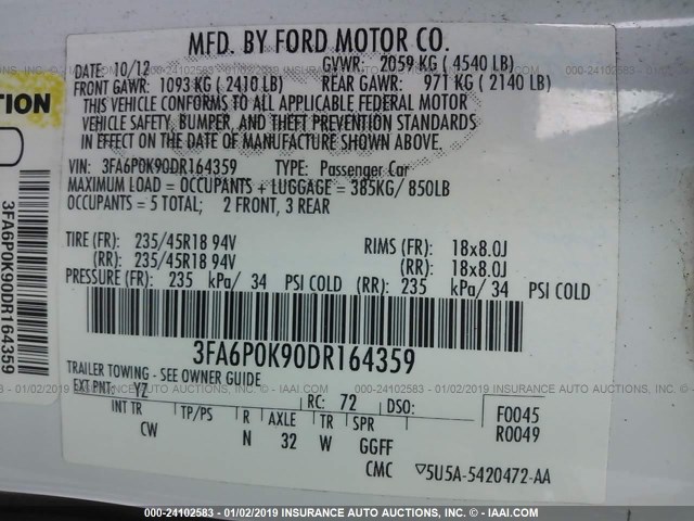 3FA6P0K90DR164359 - 2013 FORD FUSION TITANIUM WHITE photo 9