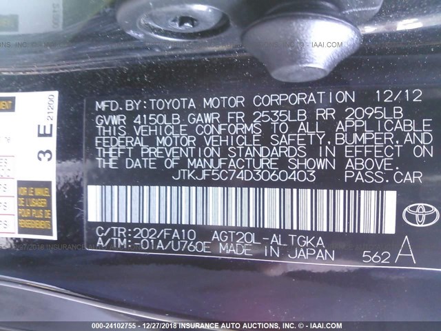 JTKJF5C74D3060403 - 2013 TOYOTA SCION TC 黑色 照片 9