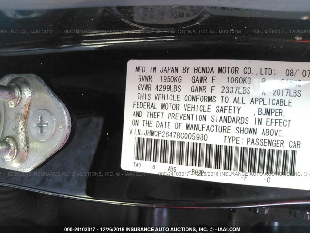 JHMCP26478C005980 - 2008 HONDA ACCORD BLACK photo 9