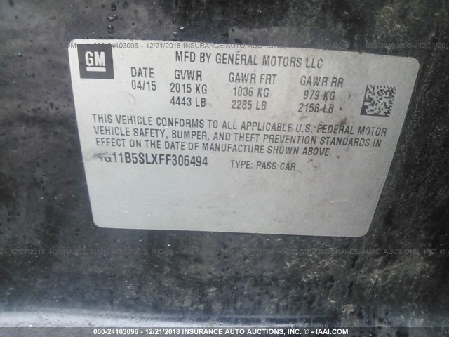 1G11B5SLXFF306494 - 2015 CHEVROLET MALIBU LS 黑色 照片 9