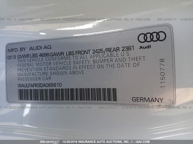 WAULFAFR3DA065610 - 2013 AUDI A5 PREMIUM PLUS WHITE photo 9