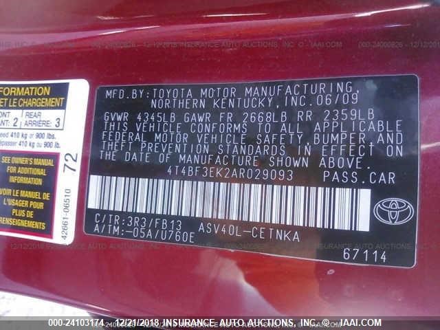 4T4BF3EK2AR029093 - 2010 TOYOTA CAMRY SE/LE/XLE RED photo 9