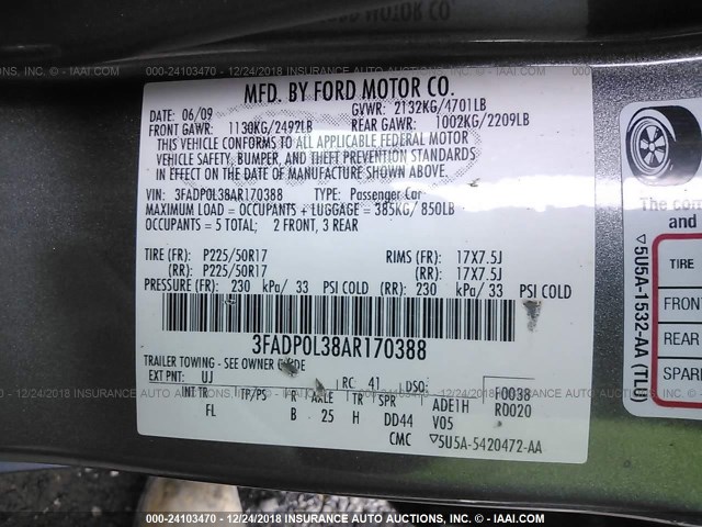 3FADP0L38AR170388 - 2010 FORD FUSION GRAY photo 9