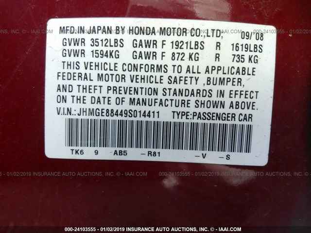 JHMGE88449S014411 - 2009 HONDA FIT SPORT RED photo 9