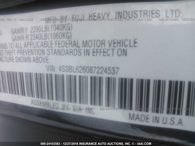 4S3BL626087224537 - 2008 SUBARU LEGACY 2.5I LIMITED GRAY photo 9