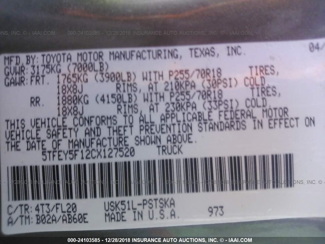 5TFEY5F12CX127520 - 2012 TOYOTA TUNDRA CREWMAX SR5 GRAY photo 9