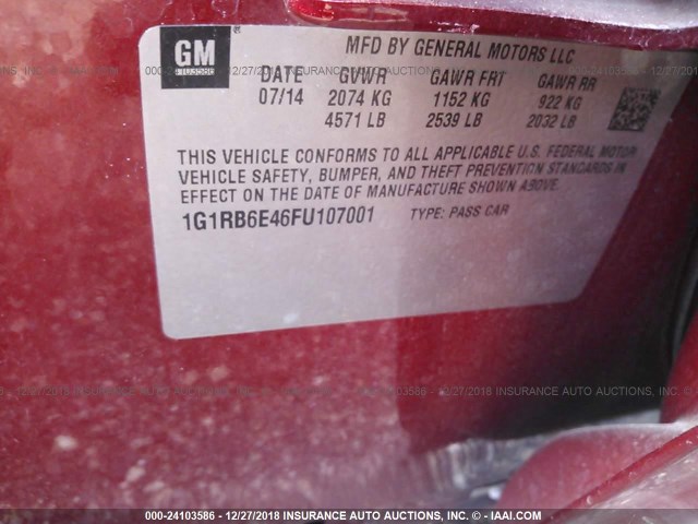 1G1RB6E46FU107001 - 2015 CHEVROLET VOLT RED photo 9