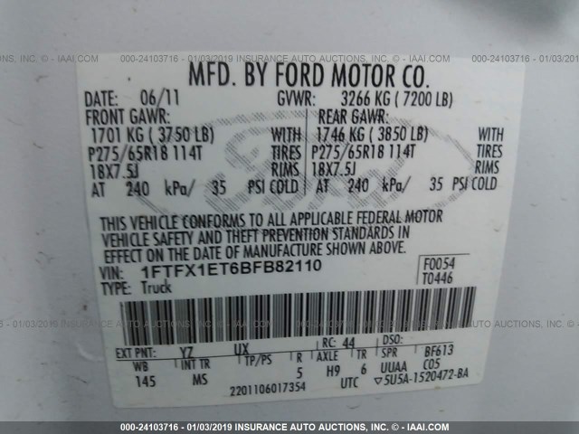 1FTFX1ET6BFB82110 - 2011 FORD F150 SUPER CAB WHITE photo 9
