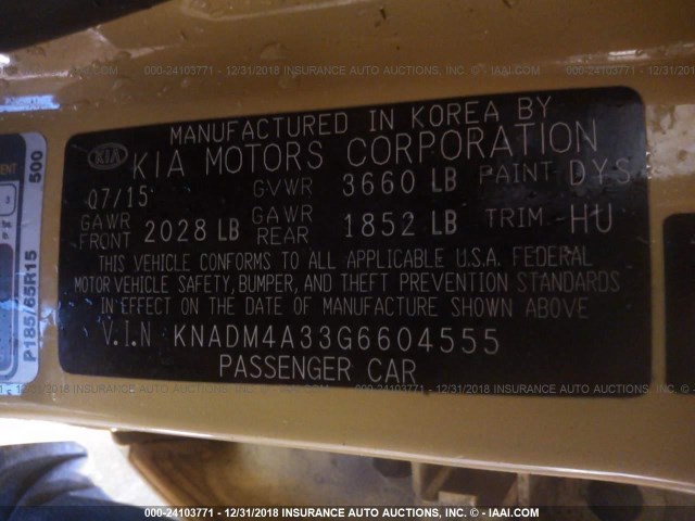 KNADM4A33G6604555 - 2016 KIA RIO LX YELLOW photo 9