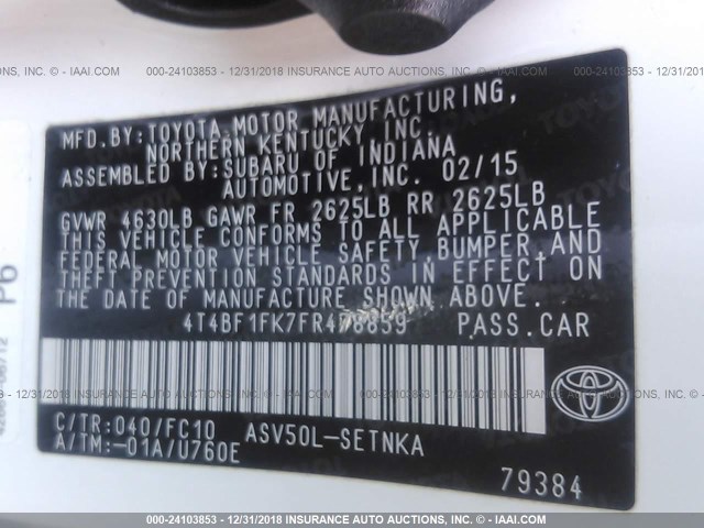 4T4BF1FK7FR478859 - 2015 TOYOTA CAMRY LE/XLE/SE/XSE 白色 照片 9