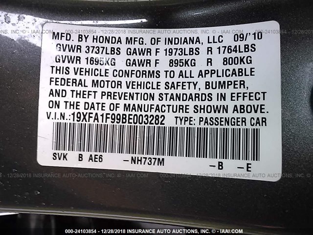 19XFA1F99BE003282 - 2011 HONDA CIVIC EXL GRAY photo 9