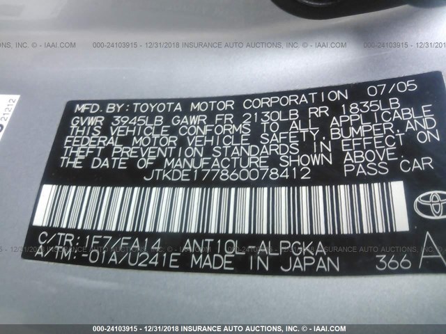 JTKDE177860078412 - 2006 TOYOTA SCION TC 银色 照片 9