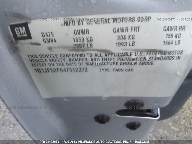 1G1JF52F647312072 - 2004 CHEVROLET CAVALIER LS SILVER photo 9