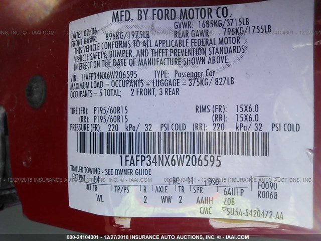 1FAFP34NX6W206595 - 2006 FORD FOCUS ZX4 RED photo 9