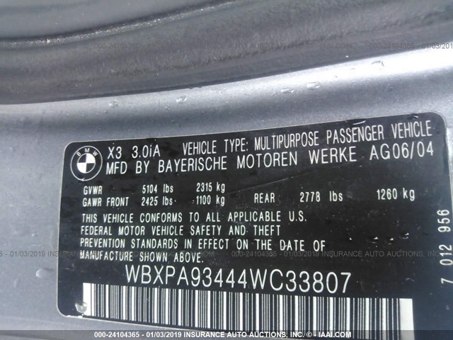 WBXPA93444WC33807 - 2004 BMW X3 3.0I SILVER photo 9