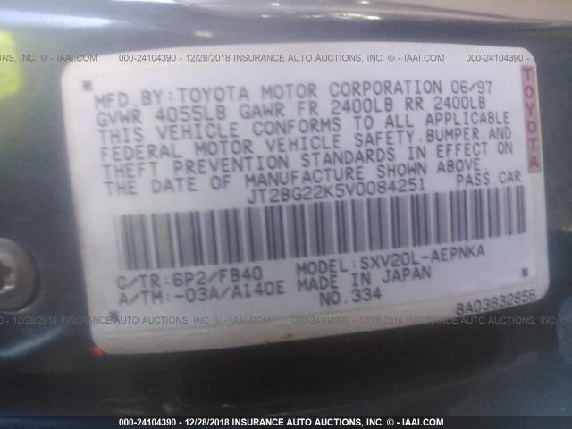 JT2BG22K5V0084251 - 1997 TOYOTA CAMRY LE/XLE 绿色 照片 9