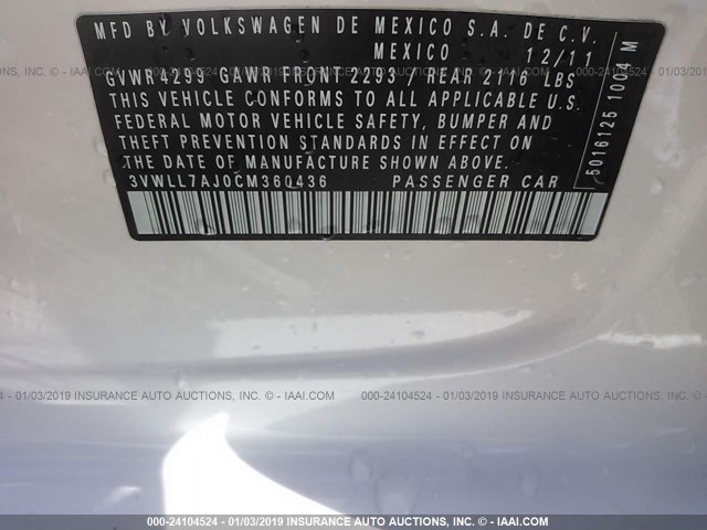 3VWLL7AJ0CM360436 - 2012 VOLKSWAGEN JETTA TDI WHITE photo 9