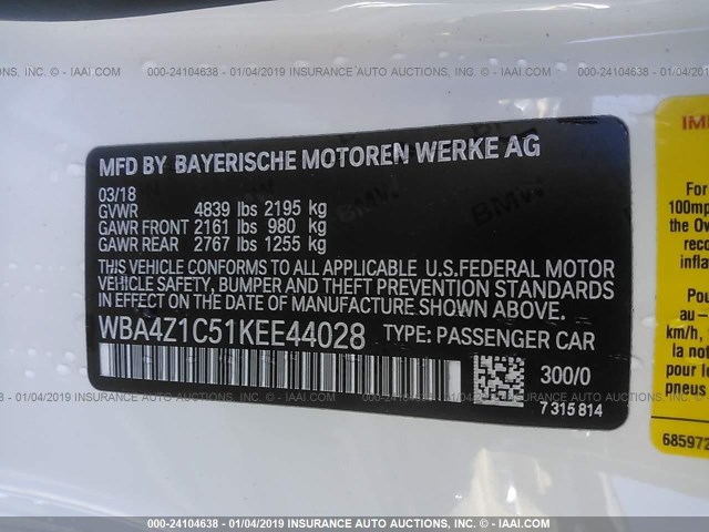 WBA4Z1C51KEE44028 - 2019 BMW 430I WHITE photo 9