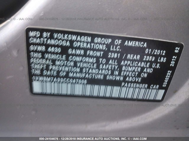 1VWBM7A33CC047005 - 2012 VOLKSWAGEN PASSAT SE GRAY photo 9