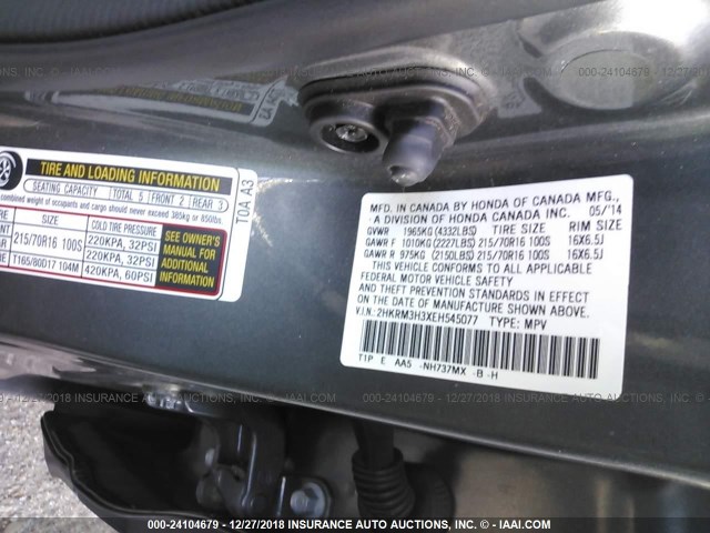 2HKRM3H3XEH545077 - 2014 HONDA CR-V LX GRAY photo 9