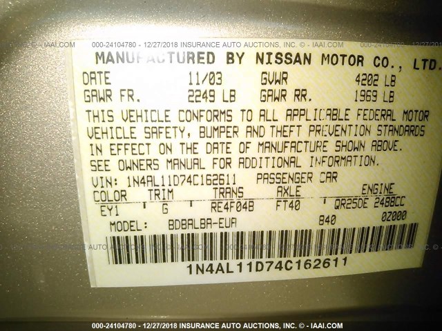 1N4AL11D74C162611 - 2004 NISSAN ALTIMA S/SL GOLD photo 9