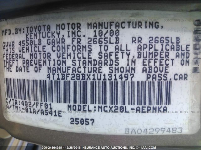 4T1BF28BX1U131497 - 2001 TOYOTA AVALON XL/XLS Champagne photo 9