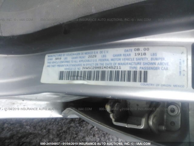 3VWSC29M91M045211 - 2001 VOLKSWAGEN JETTA GLS SILVER photo 9