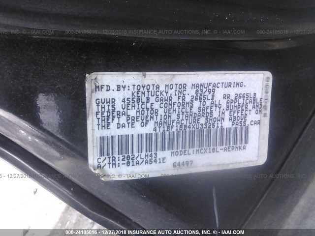 4T1BF18B4XU332511 - 1999 TOYOTA AVALON XL/XLS BLACK photo 9