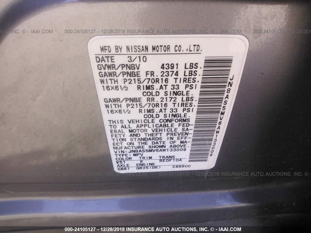 JN8AS5MV6AW133009 - 2010 NISSAN ROGUE S/SL/KROM GRAY photo 9