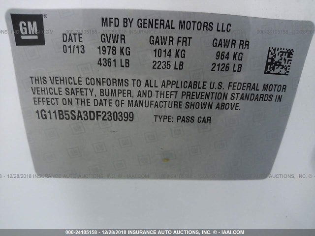 1G11B5SA3DF230399 - 2013 CHEVROLET MALIBU LS WHITE photo 9