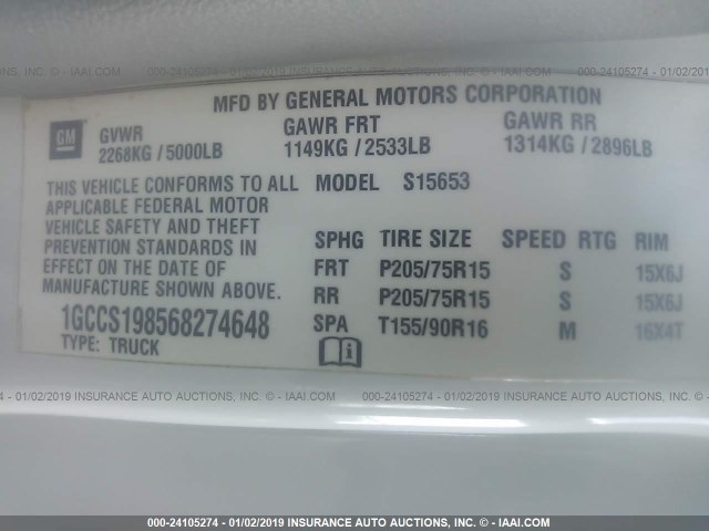 1GCCS198568274648 - 2006 CHEVROLET COLORADO WHITE photo 9