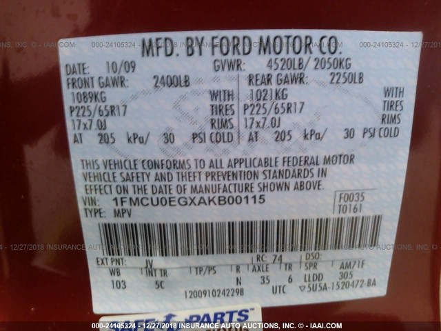 1FMCU0EGXAKB00115 - 2010 FORD ESCAPE LIMITED RED photo 9