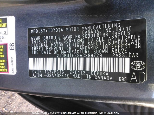 2T1BU4EE5AC399729 - 2010 TOYOTA COROLLA S/LE/XLE GRAY photo 9