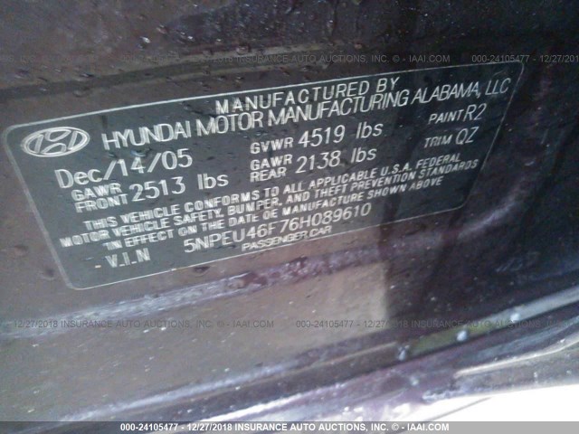 5NPEU46F76H089610 - 2006 HYUNDAI SONATA GLS/LX MAROON photo 9