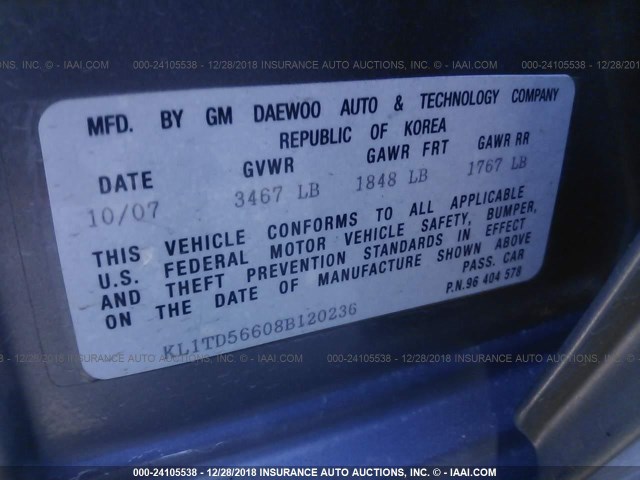 KL1TD56608B120236 - 2008 CHEVROLET AVEO LS GRAY photo 9